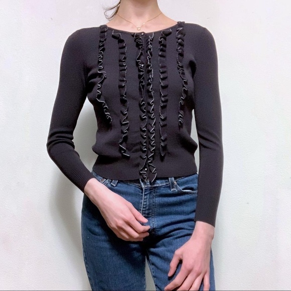 LOFT Ann Taylor Black Tan Trim Cardigan Sweater Ruffle Size Medium - Picture 7 of 7